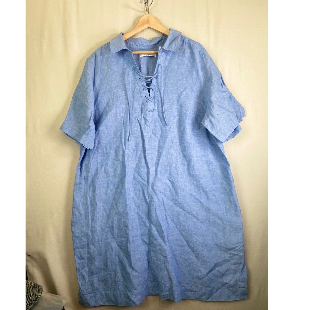 Foxcroft Womens 20W Blue 100% Linen Lace Up V-Neck Short Sleeve Shift Dress
